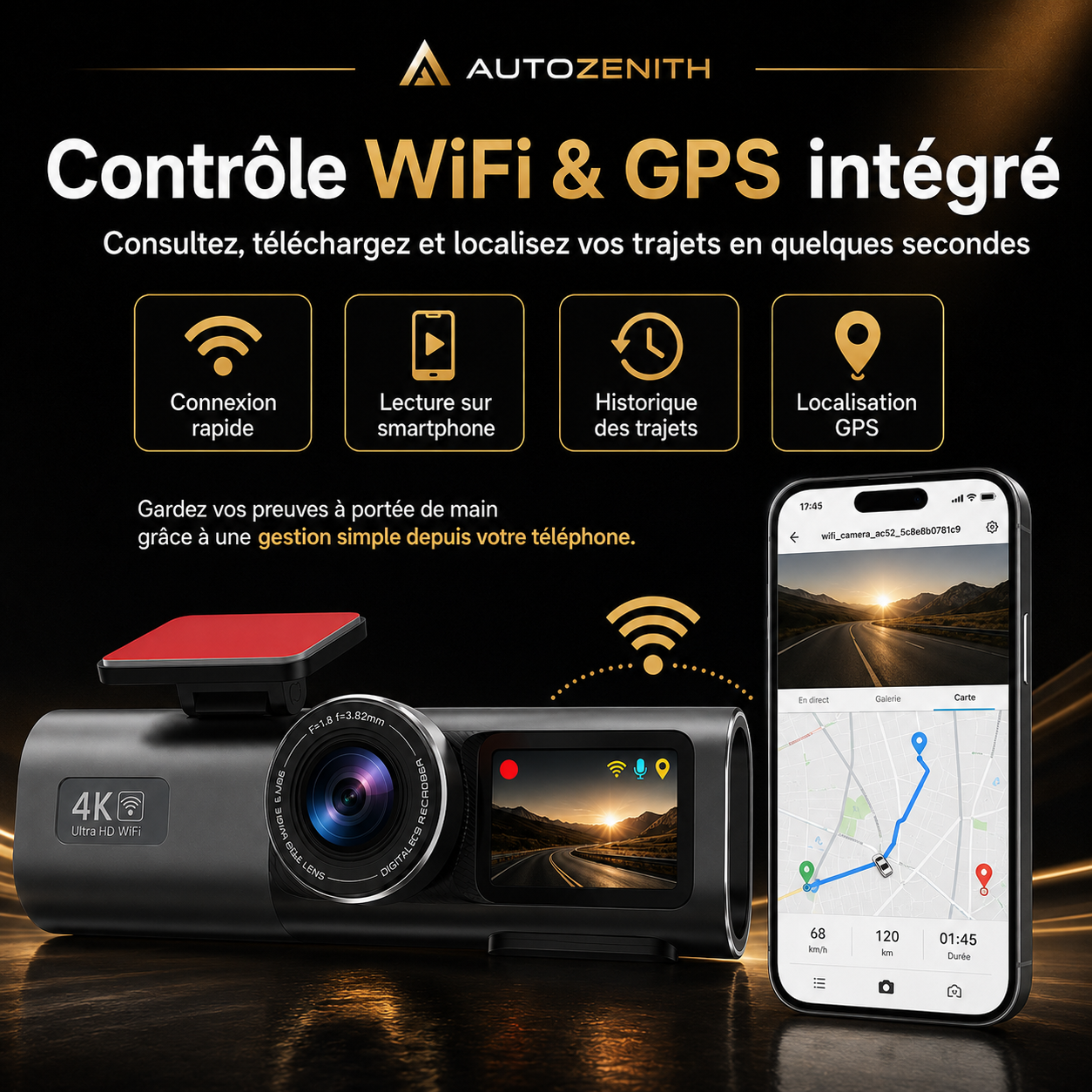 Dashcam 4K WiFi intégré contrôle smartphone voiture