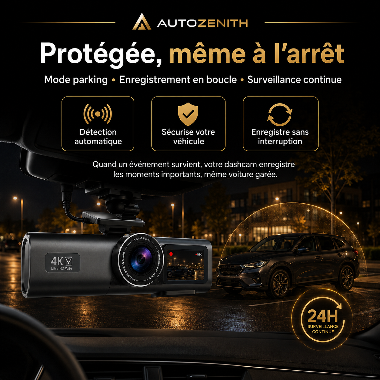 Caméra embarquée dashcam 4K enregistrement trajets voiture